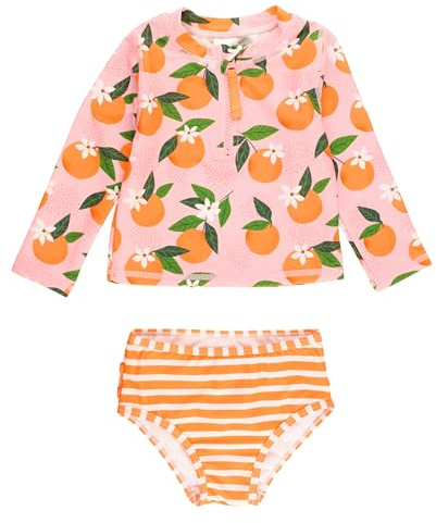 RuffleButts Baby/Toddler Girls Long Sleeve Rash Guard 2 Piece Swimsuit Set w/UPF 50+ Sun Protection with Zipper