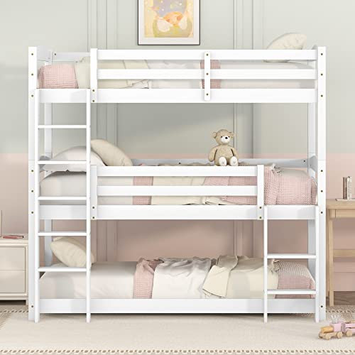 Merax Etagenbett dreifach mit Seitenleiter für Kinder und Jugendliche, 90 x 200 cm (weiß) - Ohne Matratze