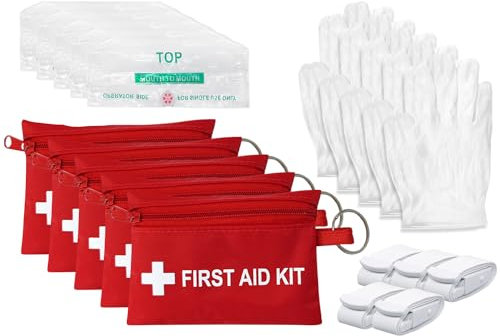 Yzpacc 5Satz Mini Erste Hilfe Set – CPR Pocket Mask Schlüsselanhänger CPR Gesichtsschutz mit Atmungsbarriere & elastischem Gürtel & ein Paar Einweghandschuhe für Reisen, Zuhause, Camping
