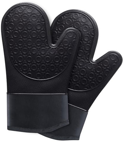 Ofenhandschuhe Topfhandschuhe Silikon - Anti-Rutsch Hitzebeständige Silikon und Flexibilität Baumwolle, 1 Paar 30cm Extra Lange Backhandschuhe Kochhandschuhe für Kochen Backen Grillen (schwarz)