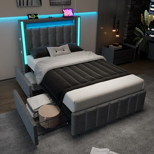 Polsterbett 90x200 cm, Einzelbett mit LED-Beleuchtung und 2 Schubladen, Kopfteil mit USB Typ C Ladefunktion, Funktionsbetten mit Lattenrost, Gepolstertes Bettgestell Jugendbett, ohne Matratze, Grau