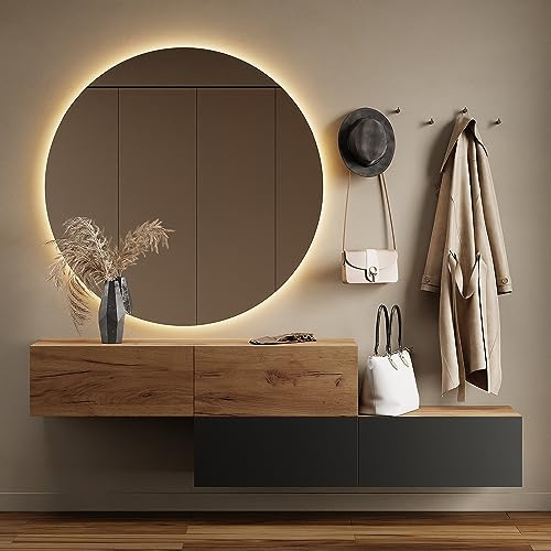 Planetmöbel Flurgarderobe 2X 140 cm | Spiegel rund mit Beleuchtung 100 cm, Gold Eiche - Anthrazit/Gold Eiche, Flur Möbel mit Spiegel, 2x 37,8T x 140B x 32,5H cm