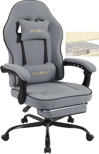 WOLTU Gaming Stuhl Stoff mit Bequemlichkeit Federunterlage, Kühl im Sommer, Gamer Chair Sessel Hohe Belastbarkeit ergonomischer mit Kopfkissen, Lendenkissen, Fußstütze, Netzstoff, Grau,GS11gr