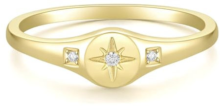 Titaniumcentral Siegelring Damen Herren 14K Vergoldet Nordstern Zirkonia Ring Vorsteckring Verlobungsringe(48 (15.3))