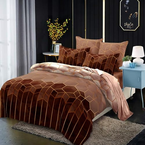Freyamy Geometrisch Bettwäsche 200x200cm 3 Teilig Braun Kariert Marmor Wendebettwäsche Microfaser Vintage Bettbezug mit Reißverschluss und 2 Kissenbezug 80x80cm