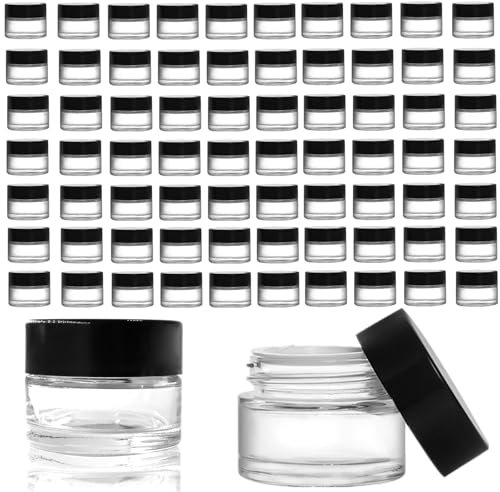 HningBuyox 70 Pack Glass Sample Container, 10ml Empty Jars with Lids, 10 Gram Tiny Sample Jar Lip Balm Containers for Cosmetics, Lotion, Cream, Makeup, Samples, Wax, Skincare, Travelling, Retail Store