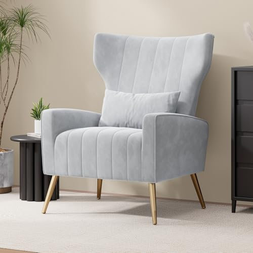 Hawthyhome Relaxsessel Fernsehsessel Ohrensessel mit Kopfkissen und Gold Metallfüßen Einzelsofa aus Samt bis 130kg Schlafzimmer/Wohnzimmer/Lounge Grau