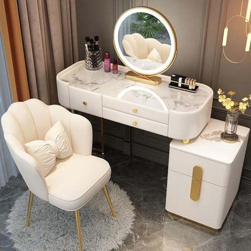 Schminktisch mit Beleuchtung Spiegel, Einstellbarer Helligkeit, Kosmetiktisch mit Frisierstuhl, Für Damen Und Mädchen, Make-up Tisch mit 5 Schubladen und Anrichte, für Schlafzimmer, 3 Farben
