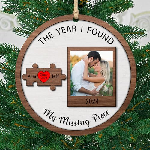 Personalized Photo The Year I Found My Missing Piece Couple 2-Layered Wooden Christmas Ornament,Custom Mr and Mrs Newly Wed Hanging Decorations,Xmas Gift Boyfriend Girlfriend Wife Husband