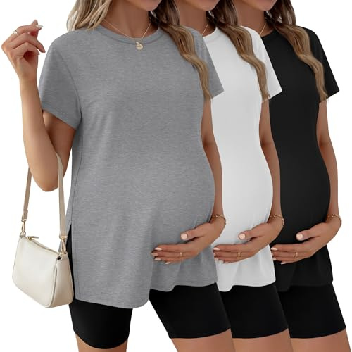 Ficerd Lot de 3 T-Shirts de Maternité pour Femmes Enceintes, Manches Courtes, Fentes Latérales, Col Rond, Vêtements de Maman