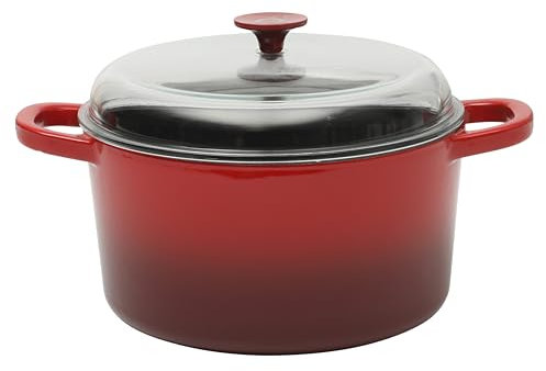 Crock Pot Artisan 7-Quart Round Enameled Cast Iron Dutch Oven With Oven Safe Borosilicate Glass Lid, Heavy-Duty Cookware for Baking, Roasting & Slow Cooking, Red