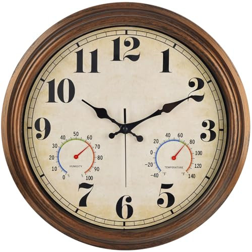 45MinST 40,6 cm große Vintage-Wanduhr mit Thermometer und Hygrometer, geräuschlos, nicht tickend, Quarz-Uhr für Zuhause, Veranda, Garten, Pool
