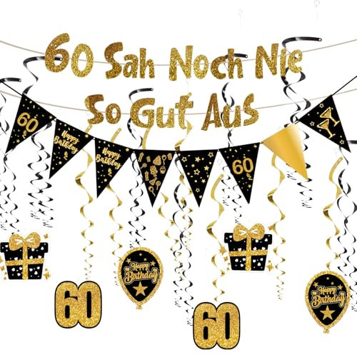 OuMaiFeng 60 Geburtstag Deko Mann Frauen,60 Geburtstag Frau Deko,Goldfarbenes Glitzer-Banner,Partydeko,RIP 20s Deko,Luftschlangen Gold,Hängende Wirbel 60 Geburtstag Mann Deko