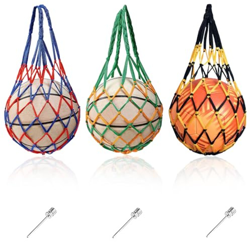 3 Stück Ballnetz Net Tasche mit Ballpumpe Nadeln, Tragbare Ballnetz 1 Ball | Sports Ball Ball netz, Hoher Dicke Haltegriffe, Professionelle Nylon-Netztasche für Basketball Volleyball Fußball Handball