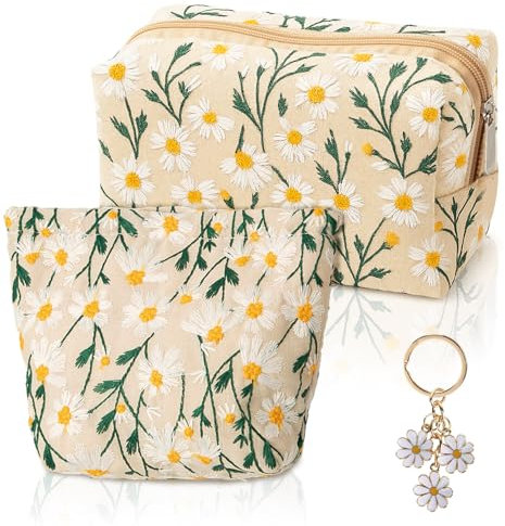 FYSL 2er Set Kosmetiktasche Damen mit Gänseblümchen-Schlüsselanhänger, Schminktasche für Reise, Blumenmuster Makeup Organizer - Geschenk für Mädchen & Frauen