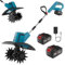 Motozappa a Batteria, 21V Motozappa Elettrica con 2 x 4.0Ah Batteria, Motore Brushless da 550 W, Larghezza 20 cm, Profondità 15cm, 4 Lame in Acciaio, Doppio Pulsante, Per Coltivazione, Diserbo