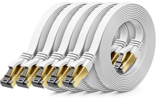 deleyCON 5x 1m CAT 8 Netzwerkkabel Flach (40 Gbit/s, Kupfer) Gigabit Ethernet LAN Cable - Flaches Dünnes Kabel Flachkabel Patchkabel Lang - RJ45 Stecker für CAT8 CAT7 CAT6 - Weiß