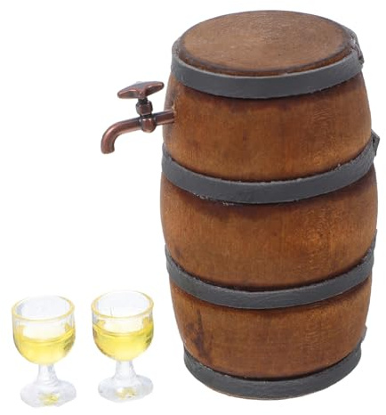 FUNNETOYU Miniatur Retro Weinfass Set mit Fass Wasserhahn Gelben Gläsern Realistische Puppenhaus Zubehör aus Kunststoff und Resin für Bar Szene und Weinkeller Dekoration