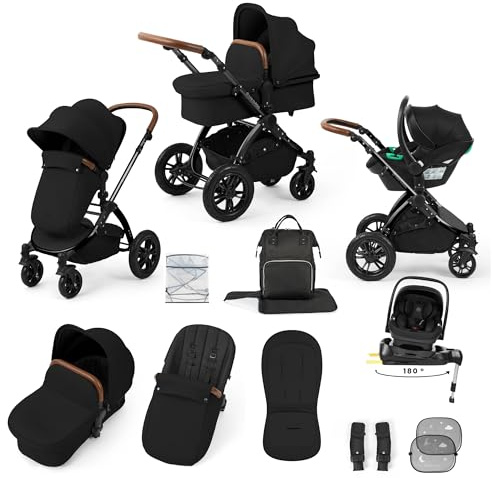 Ickle Bubba Luxe 3in1 Travel System, Nimbus Car Seat (Black/Midnight/Tan) | Baby Pram with Carrycot, Birth to 22kg, I-size car seat, 12 pc, Convertible baby stroller with Rain Cover and Accessories