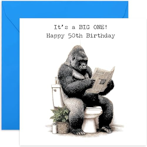 Humorvolle Karte zum 50. Geburtstag für Männer, Gorilla It's a Big One Toilette, lustiger Witz für Vater, Bruder, Onkel, Ehemann, quadratische Karte, innen blanko, mit Umschlag