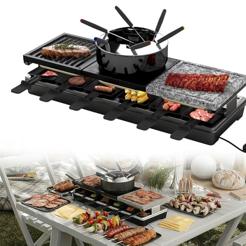 YRHome 3-in-1 Raclette-Grill & Fonduelette für 12 Personen Raclette-Tischgrill mit Naturstein- und Antihaft-Grillplatte 1650W 3 separate Edelstahl-Heizelemente Party Grill für Käse Fleisch & Crêpes