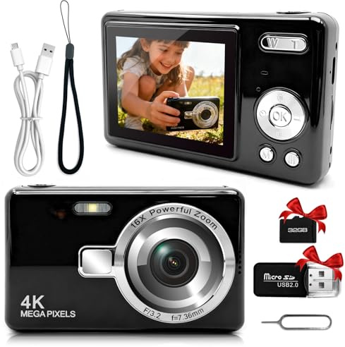 LEOSINYIN Digital Camera 1080P FHD 44MP Compact Portable Vlogging Photo Camera with 32GB SD Card 16X Digital Zoom for Children Teen Students Beginner (Black)