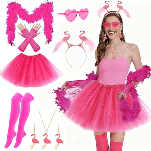 Lot de 11 costumes de flamant rose pour femme et adulte - Tenue flamant rose avec serre-tête flamant rose, jupe en tulle, écharpe, gant, lunettes de soleil, chaussettes hautes aux genoux, boucles