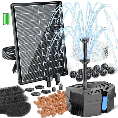 Biling 8W Filtre de Bassin Solaire avec Batterie et 10 Buses, Pompe Solaire Silencieuse pour Eau Claire jusqu'à 500L, Fontaine de Jardin pour Bain d'oiseaux, Piscine pour Animaux et Hydroponie