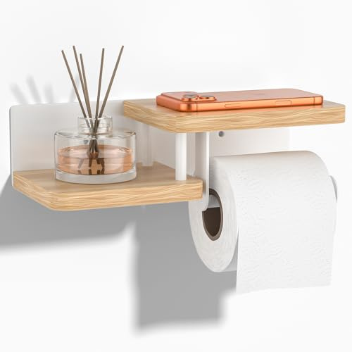 HOMIKLSA Porte-Papier Toilette avec Étagère – Chêne & Acier INOX, Trous de Fixation à vis, Support de Rouleau de Cuisine en Bambou pour Salle de Bain et Cuisine Blanc