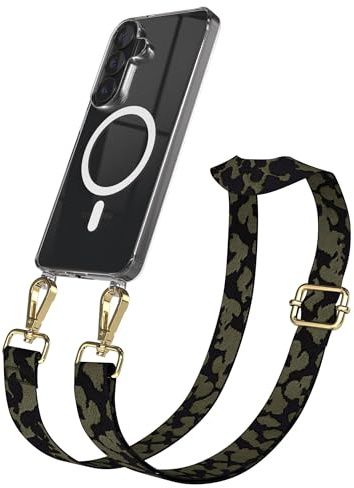 EAZY CASE Handykette - Verstellbares Taschenband kompatibel mit Galaxy S26, Schulterriemen, Handykordel mit Silikon Hülle, Qi Charging kompatibel, Umhängetasche, Dunkelgrün Camouflage Gold