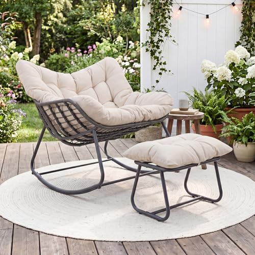 GIANTEX Schaukelstuhl mit Hocker, übergroßer Relaxsessel aus Rattan bis 150 kg belastbar, Schaukelsessel mit abnehmbaren Sitzkissen, gpolsterter Ei-Schaukelstuhl für Wohnzimmer, Balkon