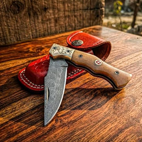 Dessi Handmade Damascus Steel Kitchen Utility Tool with Camel Bone Handle & Engraved Brass Bolsters