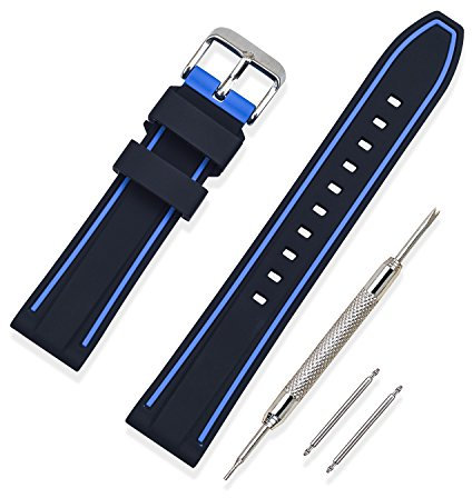 VINBAND Bracelet Montre Remplacer Silicone Bracelet Montre Bicouche Bicolore - 20mm, 22mm, 24mm, 26mm Caoutchouc Montre Bracelet avec Acier Inoxydable Boucle (20mm, Bleu)
