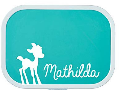 4youDesign Türkise Brotdose -REH- mit Namen für Kinder, 6 Farben, 3 Motive, inkl. Lunchbox-Einsatz & Gabel – Geschenk zur Einschulung, Weihnachten (Bambi Türkis)