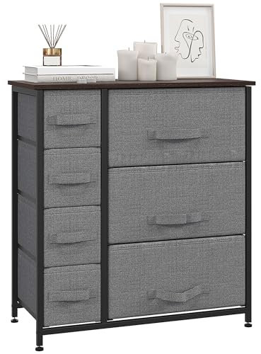 HOMCOM Commode en Tissu Meuble de Rangement 7 tiroirs chiffonnier Cadre en métal pour Chambre Salon entrée Bureau Gris