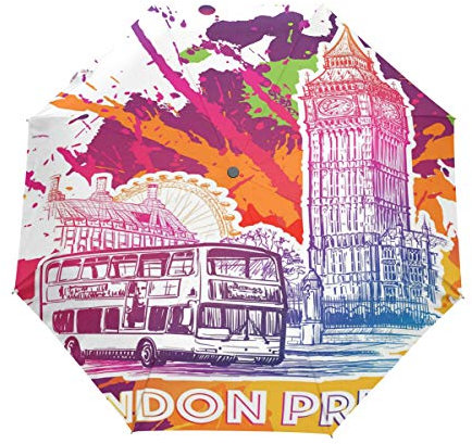 Bigjoke Regenschirm, 3-Fach faltbar, automatisch, abstrakt, Vintage, London Big Ben England Flagge, Winddicht, leicht, kompakt für Jungen, Mädchen, Männer, Frauen