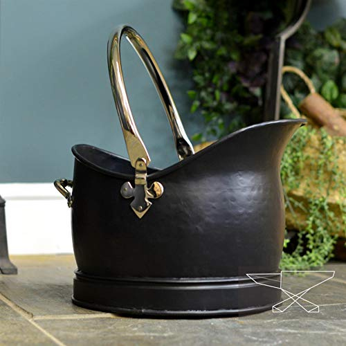 Hinswick Victorian Black Iron and Nickel Coal Bucket - Large Heavy Duty Coal Scuttle & Log Bucket – Rustic Metal Fireplace Storage Container for Wood, Kindling & Ash – Fireside Accessory for Hearth