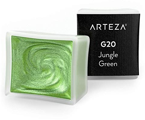ARTEZA Aquarellfarben Metallic, A723 Dschungelgrün, Set mit 2 Aquarell Näpfchen, Perlenfarbe, lebendige und perlmuttfarbene Farbtöne für Illustrationen, Kalligraphie und zum Malen