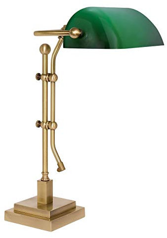 Licht-Erlebnisse Handgefertigte Bankerlampe MINISTERO Echt-Messing Glas in Bronze hell Grün Schreibtischleuchte