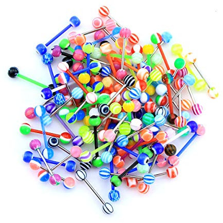 CM Crareesi Mania Lot de 50 piercings de langue colorés en acier inoxydable/acrylique 14 g, Acier inoxydable