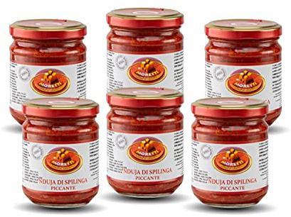 Moretti® Nduja Calabrese Di Spilinga Piccante Artigianale e Originale NO OGM Salame Spalmabile e Cremosa in Vasetto da 180gr