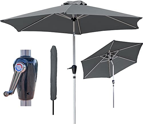 GlamHaus Garden Parasol Tilting Table Umbrella, UV40+ Protection, 2.7m, Includes Protection Cover, Crank Handle, Gardens and Patios - Robust Aluminium - (Dark Grey)