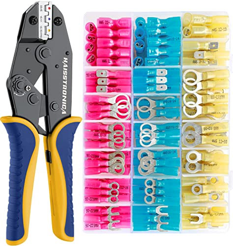 haisstronica Crimping Tool for Heat Shrink Connectors HS-8327 with 280PCS Marine Grade Heat Shrink Wire Connectors of Tinned Red Copper AWG 20-10 Electrical Ring Fork Spade Splice(3Colors/7Size)