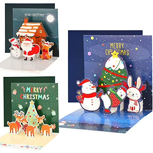 Pop Up Karte Weihnachten 3 Stück, Lustige 3D Weihnachtskarte, weihnachtskarten pop up für Kinder, Handgemachte Pop up Weihnachtsgrußkarte, für Mädchen und Jungen