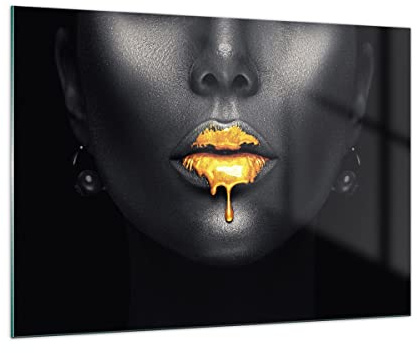 Bilder auf Glas 100x70cm Glasbild Gold Mund Schwarz Groß Wanddeko Bild im Glas Schlafzimmer Küche Deko Wandbilder Dekoration Wohnzimmer Modern Wall Decor Glasdruck Wand Kunstdruck Art GAA100x70-4460