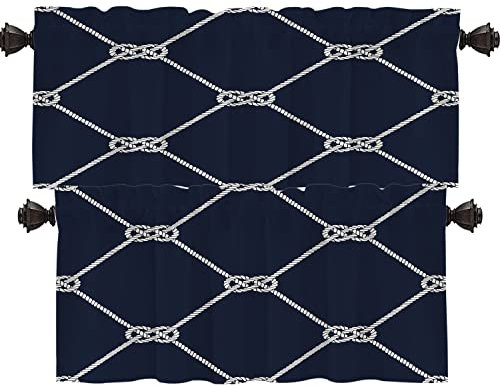 Shrahala Nautisches Seil, marineblau-weiß, Küchenvolants, nautisches Seil, endlos, Marineblau mit weißer Schlaufe, Marine-Fenstervorhangstange, Tasche für Wohnzimmer, 132,1 x 40,6 cm (2 Stück)
