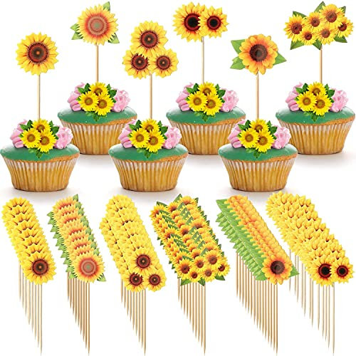Acljxz 120 Pieces Sunflower Cupcake Toppers Yellow Flower Cake Picks Sunflower Toothpicks Summer Food Picks for Baby Shower Wedding Party Kids Birthday Decorations Supplies