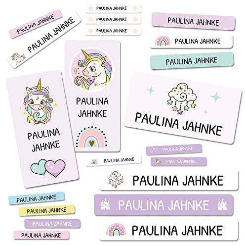 138 Namensaufkleber mit Wunschname personalisiert Aufkleber Sticker Set mit Kinder Name Beschriftung für Schule Kindergarten Hort Hefte Stifte Bücher (02 Einhorn)