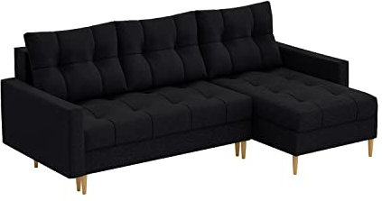 MEBLINI Schlafcouch mit Bettkasten - Kleines Ecksofa mit Schlaffunktion - Sofa mit Relaxfunktion und Kissen - Kleine Couch L-Form - Eckcouch - SCANDO - 220x140x75cm - Schwarz Stoff