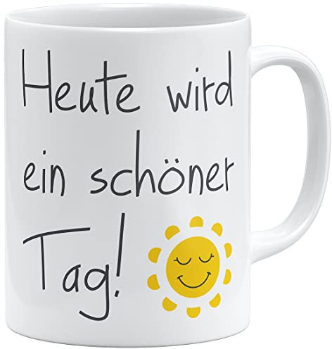 OM3® Kaffee-Tasse mit Spruch - heute wird ein schöner Tag - gute Laune Sonne Motivation - Keramik Becher - 325ml - Beidseitig Bedruckt - Weiss